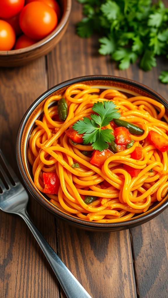 A bowl of spicy Maggi noodles with vegetables and coriander on a wooden table.